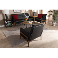 Baxton Studio BBT8042-Black/Walnut-3PC Set Perris Mid-Century Modern Black Faux Leather Upholstered Walnut Finished Wood 3-Piece Living Room Set